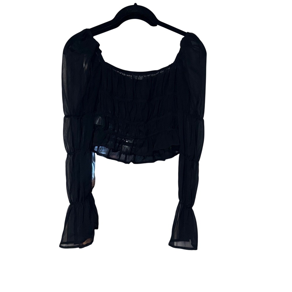 Idem Ditto Smocked Crop Top Womens Small Black Sheer Chiffon